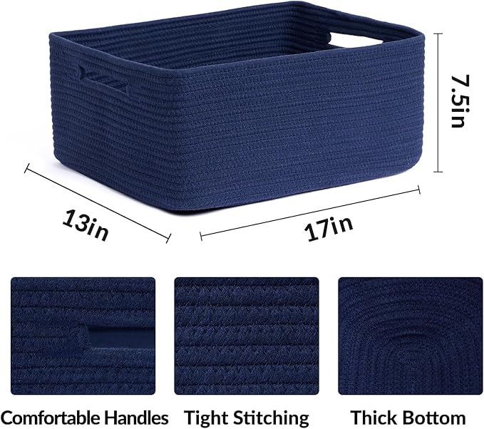 MiniArk Large Storage Baskets for Shelves, Closet Organizers Bins for Clothes Blanket Towels, Baby Nursery, Toy Baskets Box, Woven Rope Baskets, 17 x 13 x 7.5”, 3 Packs Navy Blue