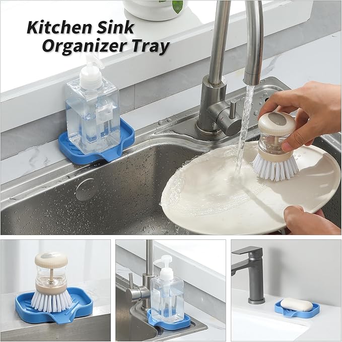 Silicone Bathroom Soap Dishes with Drain Spout-Bathroom and Kitchen Sink Organizer,Sponge Holder,Dish Soap Tray,Perfect for Dispenser,Scrubber,Bottle,Cup on Counter Lichen Blue 4.9"×3.2"