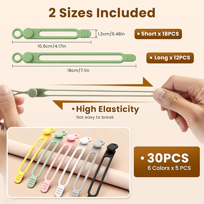 30 Pcs Silicone Cable Ties, Reusable Data Cable Organizer Wire Organizers for Office, Multipurpose Elastic Cord Wraps Cable Management for Charging Cord,Appliances,Home,Office,Kitchen,School,Travel