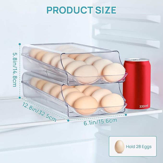 Vtopmart Clear Plastic Egg Holder for Fridge, Automatic Rolling Egg Container for Refrigerator, Stackable 14-Count Eggs Organizer with Removable Inner Tray, Fridge Organizers and Storage, 2Pack
