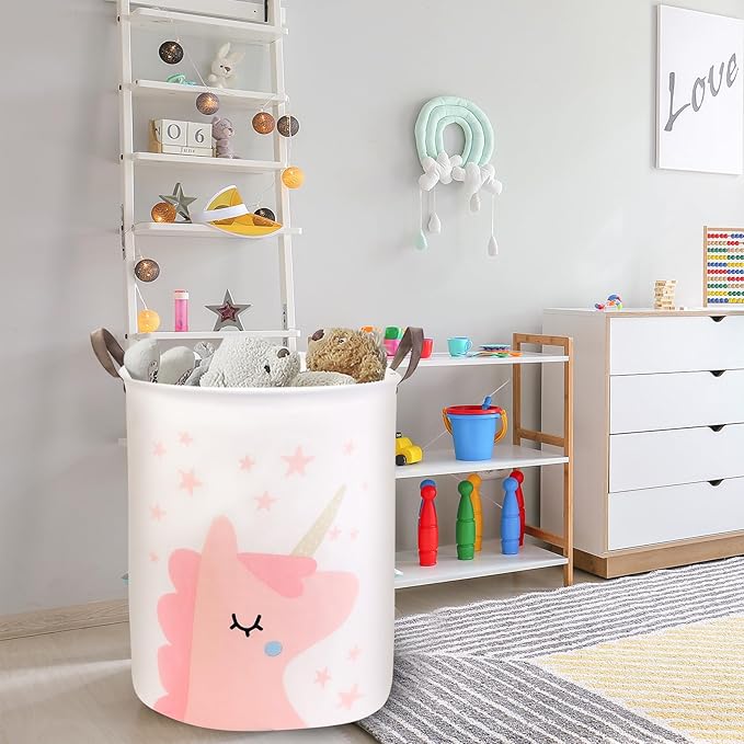 Mziart Kids Laundry Basket for Girls Boys, Cute Baby Laundry Hamper Waterproof Collapsible Large Storage Basket Nursery Toy Bin Home Decor Gift Baskets for Bathroom Bedroom 19.7 Inch (Pink Unicorn)