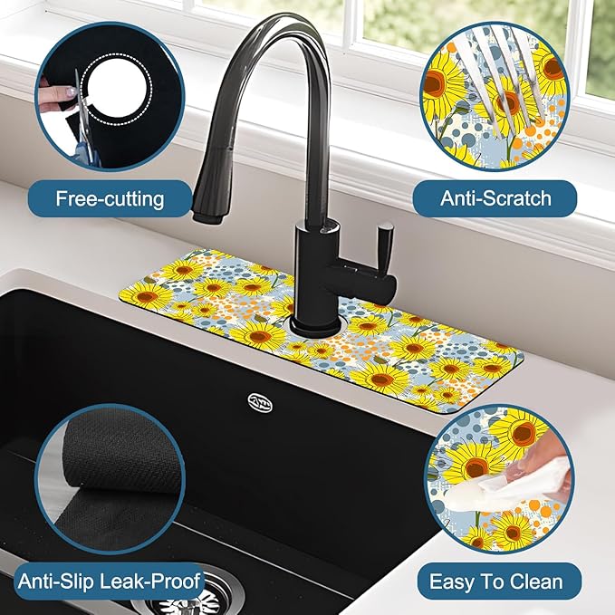 Watercolor Sunflowers Sink Faucet Absorbing Mat Sunflowers Polka Dots Super Absorbent Fast Drying Mat Sink Gadgets Behind Faucet Sinkmat for Kitchen Bathroom, 15.5"x5.5"
