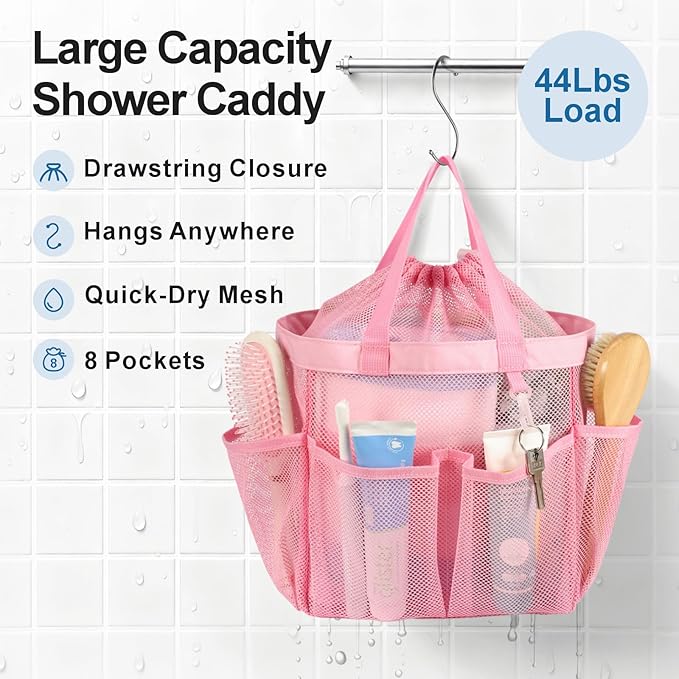 F-color Mesh Shower Caddy Portable with Drawstring - Upgrade Deeper 7 Pockets Dorm Room Essentials for Guys Girls with S Hook, Shower Bag Basket Tote for College Camping Bathroom, 2 Pack Pink