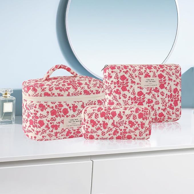 3Pcs Cotton Quilted Makeup Bag for Women Large Small Travel Cosmetic Bag Set Cute Pink Floral Print Makeup Pouch for Purse Portable Skincare Bags Coquette Vintage Puffy Travel Essential