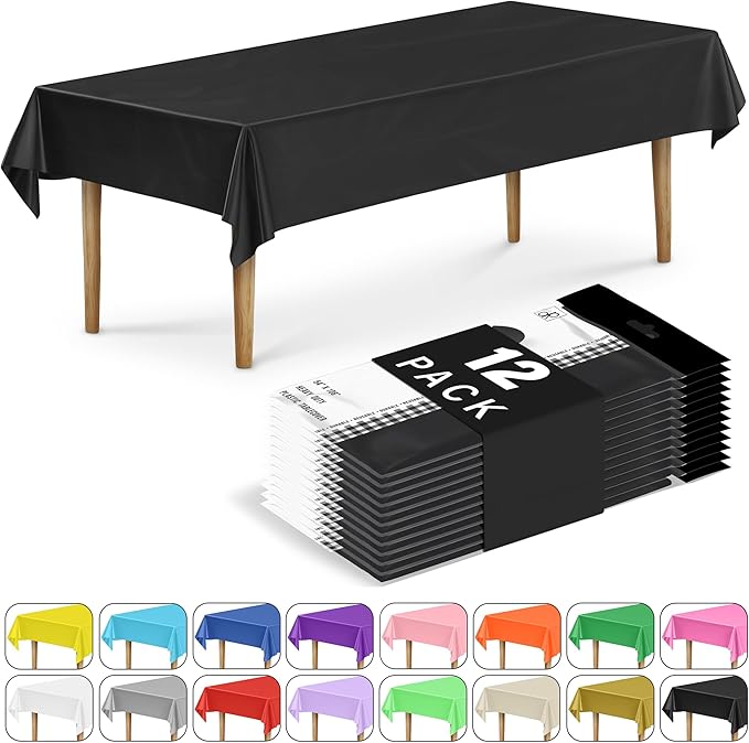 DecorRack 12 Rectangular Tablecloths BPA-Free Plastic, 54 x 108 inch, Dining Table Cloth, Rectangle Table Cover for Parties, Picnic, Camping and Outdoor, Disposable or Reusable, Black (12 Pack)