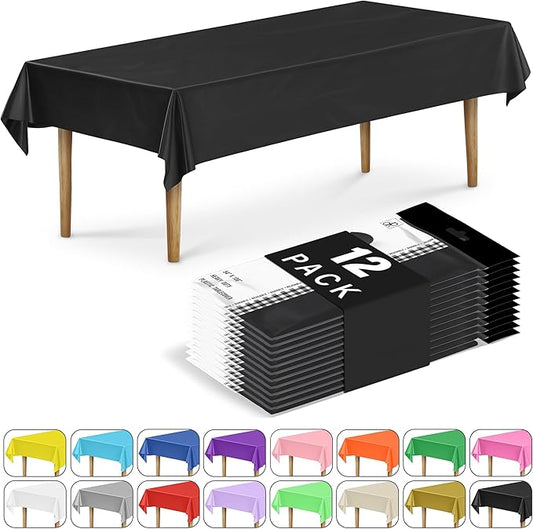 DecorRack 12 Rectangular Tablecloths BPA-Free Plastic, 54 x 108 inch, Dining Table Cloth, Rectangle Table Cover for Parties, Picnic, Camping and Outdoor, Disposable or Reusable, Black (12 Pack)