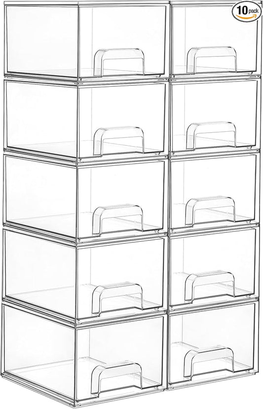 Vtopmart 10 Pack Clear Small Stackable Storage Drawers,Acrylic Bathroom Makeup Organizer,Plastic Storage Bins For Vanity, Undersink, Kitchen Cabinets, Pantry, Home Organization