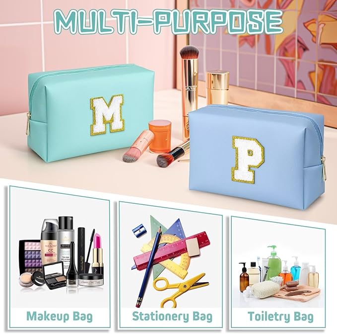 TOPEAST Preppy Makeup Bag, Personalized Initial Bags with Zipper, Cute Makeup Pouch, PU Leather Waterproof Cosmetic Bag, Birthday Gift for Daughter, Preppy Things for Girls (Blue A)