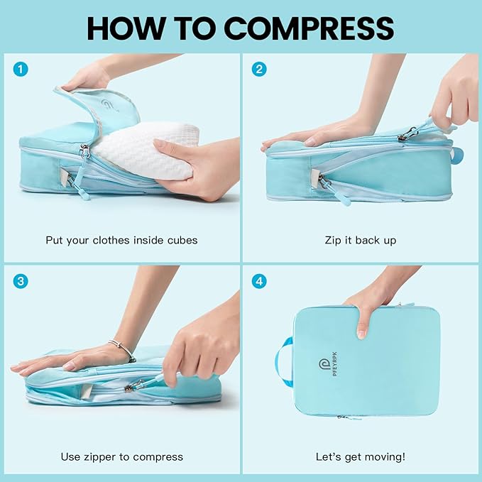 PFEYRPK Lightweight Compression Packing Cubes for Suitcases, Compressible Expandable Travel Packing Organizer with Clear Toiletry Bag and Backpack, 7 Set Travel Essentials for Carry-on Luggage