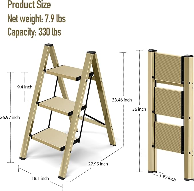 3 Step Ladder, Aluminum Folding Step Stool for Adults, Step Ladder with Wide Anti-Slip Pedal, 330 lbs Capacity for Home, Office, Kitchen, Library (Gold)