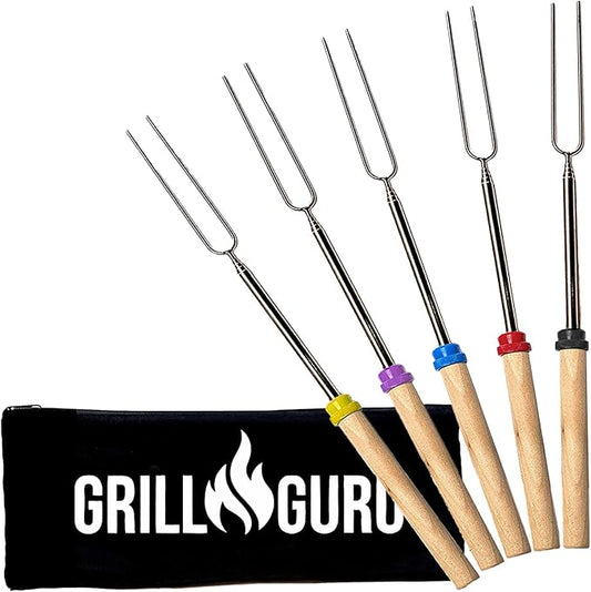 Grill Guru Smores Sticks for Fire Pit - Accessories for Campfire Marshmallow Roasting Sticks Smores Kit Outdoor-Smore Skewers Hot Dog Fork For Outside, Camping Essentials Bonfire Gear Long 32" 5 Pack