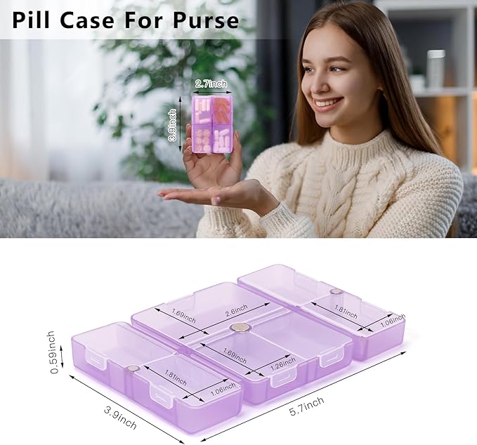 FYY Daily Pill Organizer, 7 Compartments Portable Pill Case Travel Pill Organizer,[Folding Design] Pill Box for Purse Pocket to Hold Vitamins,Cod Liver Oil,Supplements and Medication-Clear Purple