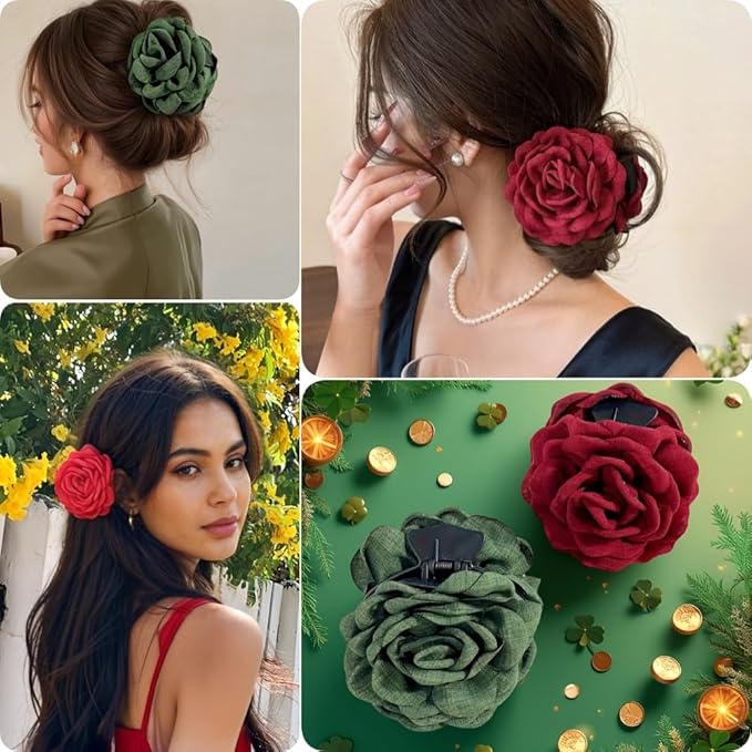 4pcs Handmade Fabric Rose Flower Hair Claw Clip for Women Girls, 3.94" Large Boho Hawaiian Floral Hairpins Barrettes for Thick Thin Hair Styling Accessories(Red Green)