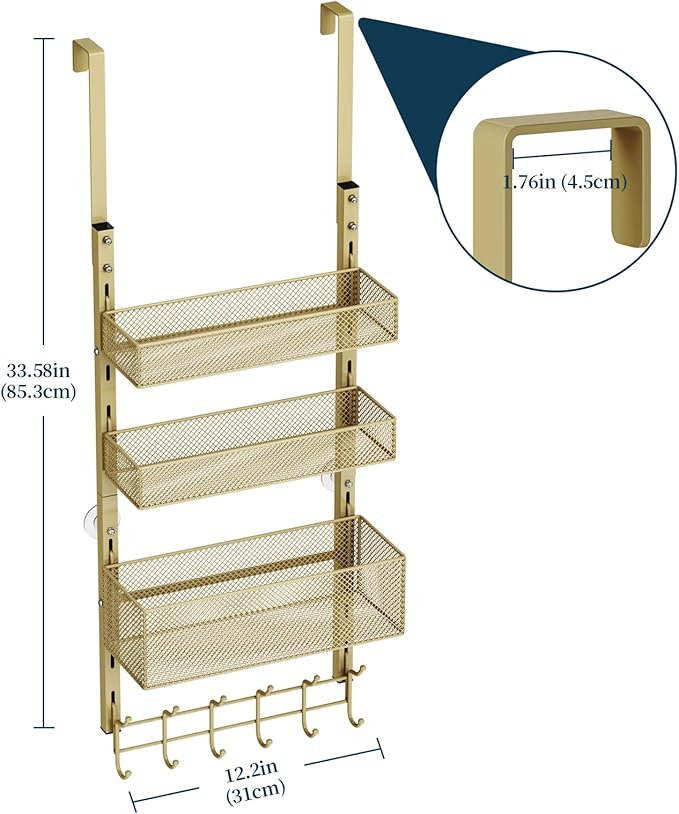 Consumest Over The Door Hooks Organizer - 4 Tier Door Coat Rack with 3 Baskets & 12 Hooks, Stainless Steel Towel Hanger for Bedroom, Bathroom, Living Room, Gold