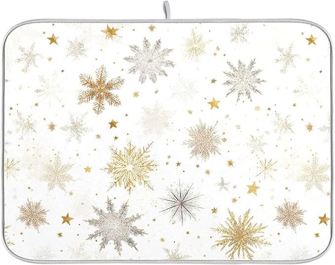 Winter Snowflake White Dish Drying Mat for Kitchen Countertop 16x18 Christmas Snow Golden Xmas Small Drying Mat Reusable Quick Dry Dish Sink Mats Easy Clean Decorative Essentials