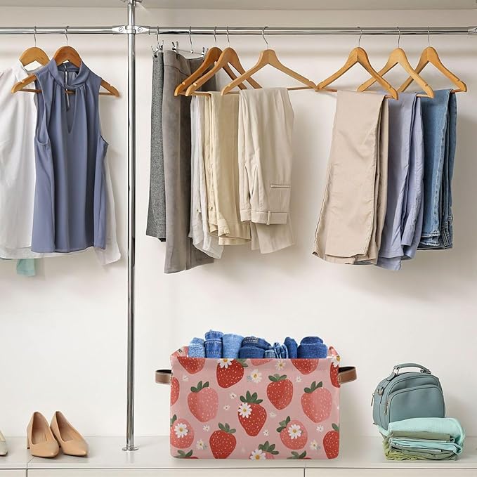 Aslsiy Storage Basket - Fresh Strawberry Pink Nursery Bins Baby Box Canvas Clothes Shelf Laundry Hamper Gift Basket for Home Closet - 1 Pcs