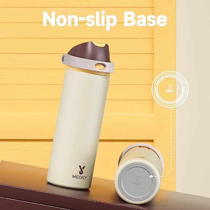 24 oz Insulated Water Bottle with Straw: Meoky Stainless Steel Metal Water Bottle with 2-in-1 Lid - Leak Proof, Cold for 24 Hours, Protective Silicone Base, BPA-Free for Sports Travel Car, Linen