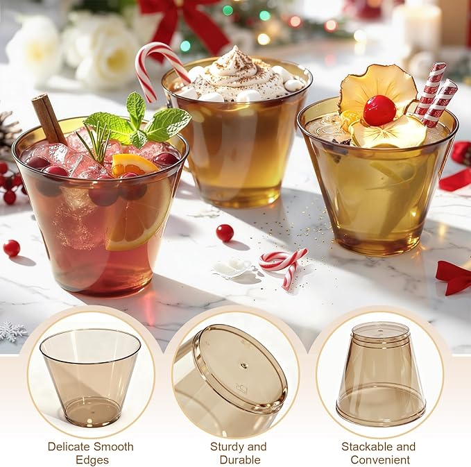 9 oz Clear Plastic Cups Brown Plastic Disposable Cups for Cocktail 50 Pack Fancy Cocktail Cup for Party Stemless Wine Glasses for Party Wedding Graduation Birthday
