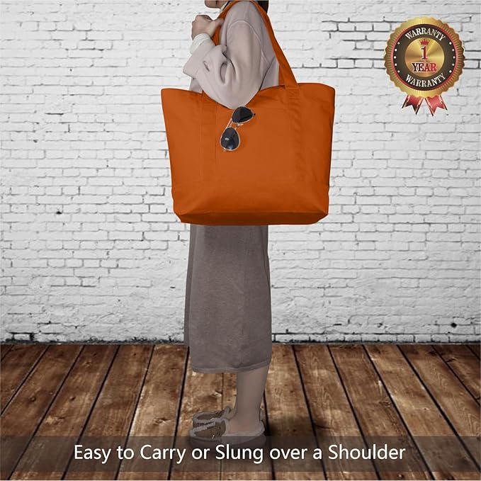 TOPDesign 3-Pack Canvas Tote Bags with an External Pocket, Reusable Grocery Shopping Bags, Top Zipper Closure, Daily Essentials (Orange)