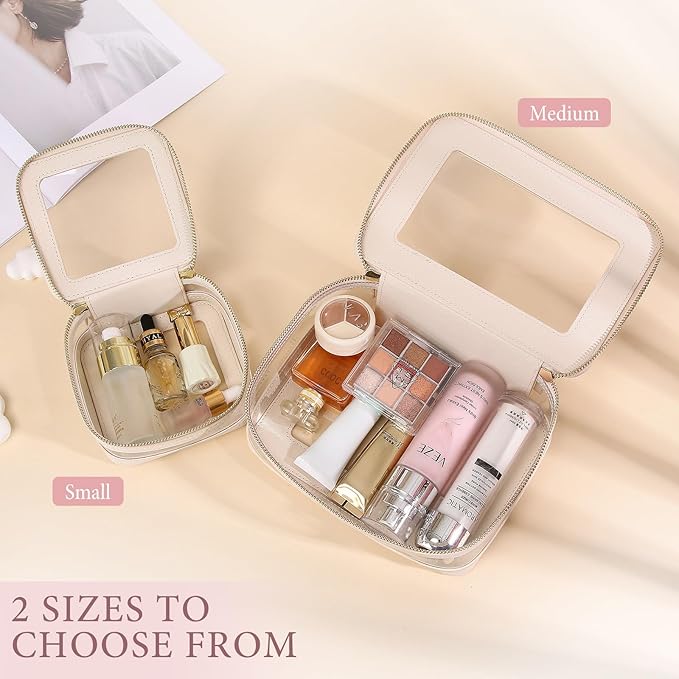 Pinkmik Clear Makeup Bag with Zipper Waterproof Travel Makeup Set for Cosmetics and Toiletries Women's Purse Organizer and Car Essentials (Beige, M+MINI-1)