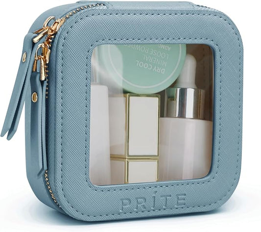 Prite Small Makeup Bag for Women Portable Clear Makeup Bag Cute Mini Waterproof Travel Cosmetic Bag with Gold Zipper for Car Essentials(Blue)