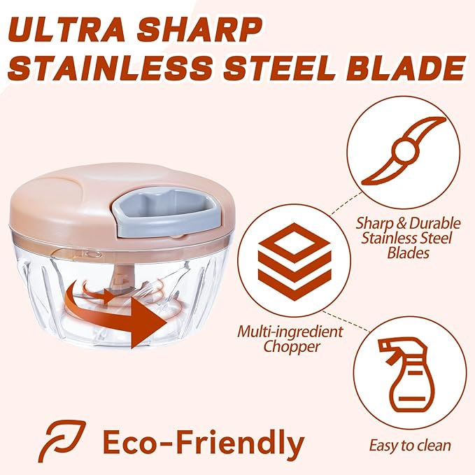 ‌Manual Food Processor Vegetable Chopper, Portable Hand Pull String Garlic Mincer Onion Cutter for Veggies, Suitable for Vegetables, Ginger, Garlic, Fruits, Onion, Potato, Salad (Pink 500 ml)‌