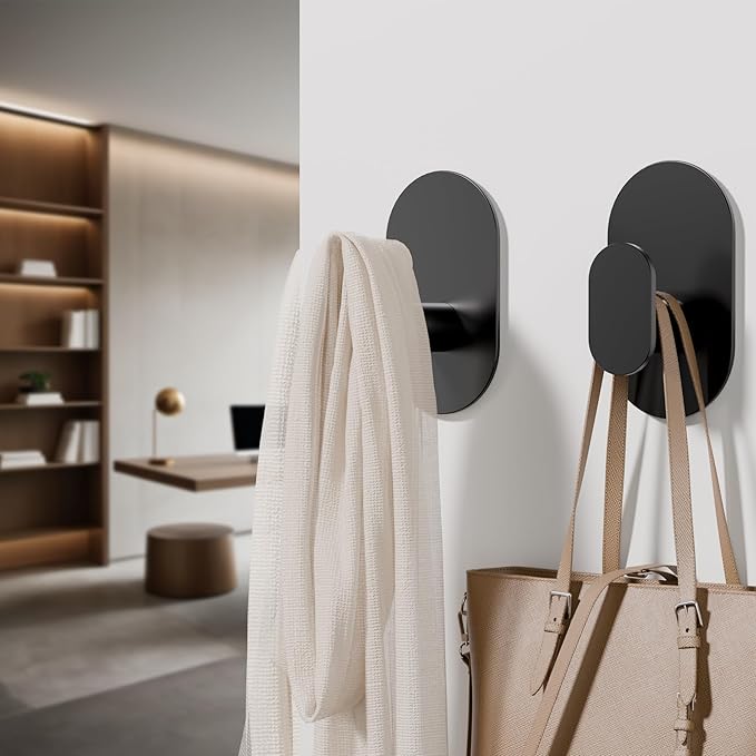 Aikzik Adhesive Hooks, 26LB Extra Strong Heavy Duty Wall Hooks for Hanging Coat, Robe, Towel, Dogs' Leads and Collars Stainless Steel Waterproof Stick on Bathroom/Shower, Door - 2 Pack (Matte Black)