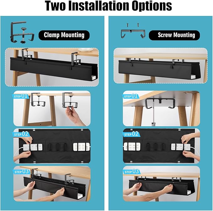 Oxford Cloth Under Desk Cable Management Tray, No-Drill 48" Desk Cable Management Organizer with Clip/Screw Installation, Holds Up to 70 lbs, Fabric Cable Management for Home, Office & Gaming Computer