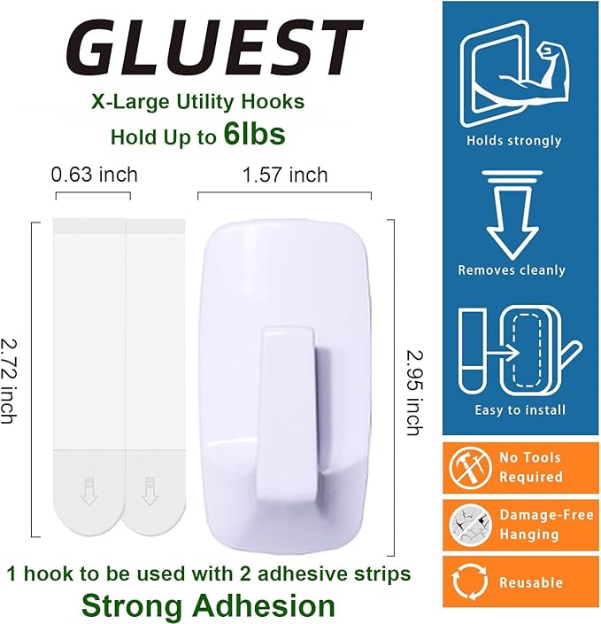 Heavy Duty Large Wall Hooks 6 pcs with 12 Adhesive Strips, Removable Wall Hook for Hanging, Damage Free Coat Hanging Hooks, Adhesive Hook for Towel, Robe, Key,Classroom Decor,Dorm Room Rv Essentials