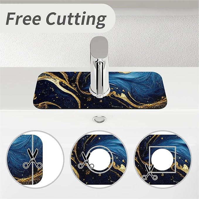 Kitchen Sink Splash Guard，Blue and gold marble texture Faucet Mat Sink Gadgets-Super Absorbent Fast Drying Mat Drip Catcher for Kitchen, Bathroom,Sink Mat, Dish Drying Mat, Bathroom(15" X 5.5" )