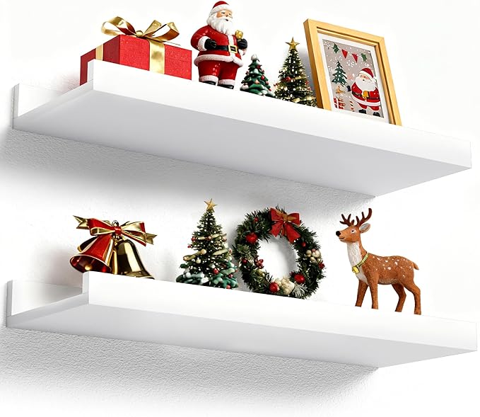 Floating Shelves Wall Mounted Set of 2, Modern White Shelves for Bedroom, Nursery Shelves with Lip, Display Picture Ledge Shelf for Wall Decor Living Room Bathroom Kitchen - White