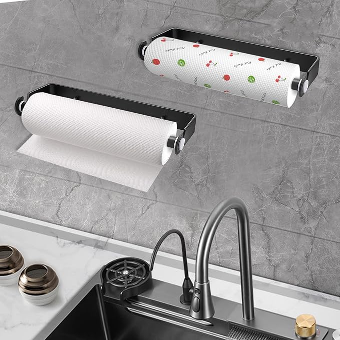 Under Cabinet Paper Towel Holder, Adhesive or Drill Mount Paper Towel Holder, Wall Mount Paper Towel Holders for Kitchen or Bathroom (Black) 2 Pack