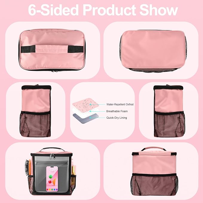 Portable Hanging Shower Caddy, Large Capacity Travel Toiletry Bag for Men & Women, Bath Organizer with Hook & Waterproof Phone Compartment, for Gym, Travel, Dorm, Picnic, Bathroom(Pink)