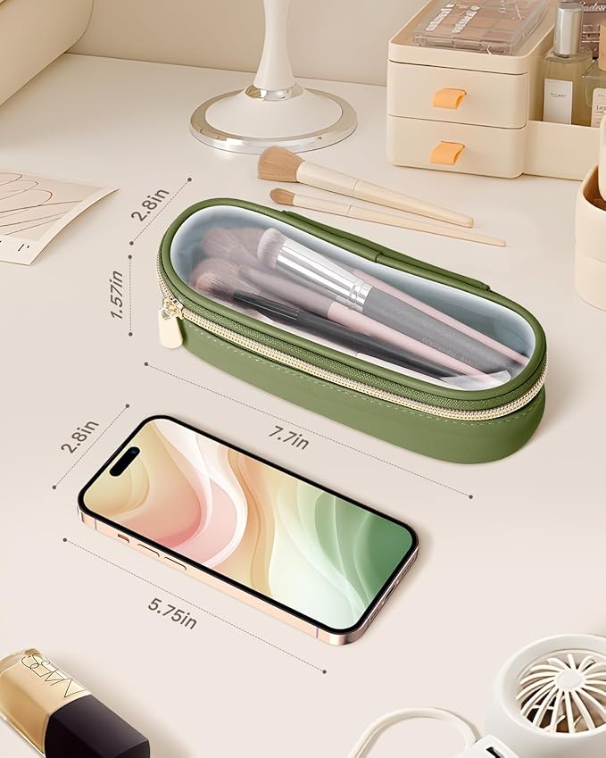 Clear Travel Makeup Brush Holder, Leather Makeup Brush Toiletry Bag, Portable Cosmetic Brush Case, Transparent Waterproof Makeup Brush Storage Bag, Green