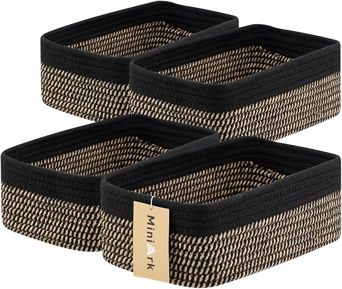 MiniArk Small Storage Baskets for Organizing | Closet Organizer Bins | Shelf Toy Basket | Woven Rope Baskets | Cube Decorative Box | Shallow Basket | 11.5x7.5x4.7” | 4 Packs Black Brown