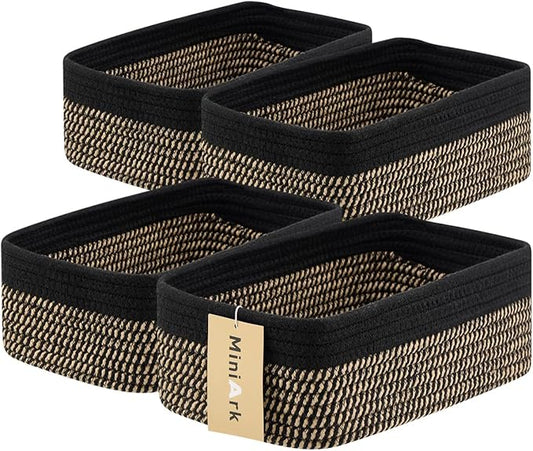 MiniArk Small Storage Baskets for Organizing | Closet Organizer Bins | Shelf Toy Basket | Woven Rope Baskets | Cube Decorative Box | Shallow Basket | 11.5x7.5x4.7” | 4 Packs Black Brown