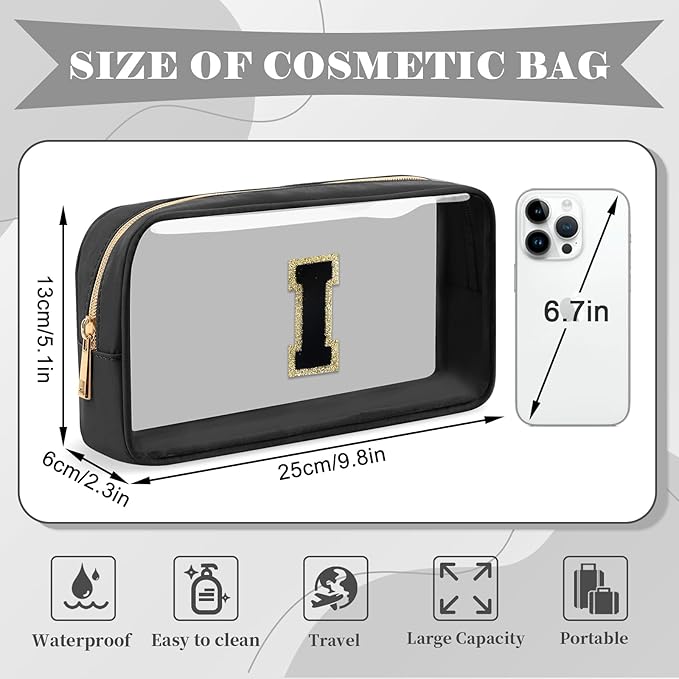 Personalized Initial Letter Clear Makeup Bag, Preppy Small Nylon&PVC Cosmetic Zipper Bag with Chenille Letter, Travel Skincare Toiletry Bag, Monogram Christmas Gift for Teen Girls Women