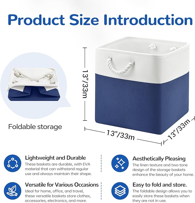 VQRTEXA 13 x 13 Inch Cube Storage Bins, 6 Pack Fabric Storage Basket with Handles, Foldable Boxes Organizer for Shelf Baskets for Home, Clothes (White/Blue)
