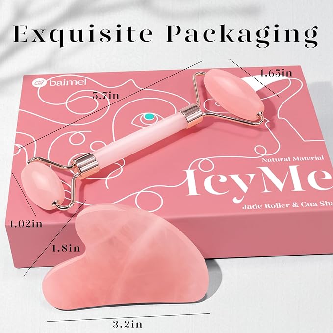 BAIMEI IcyMe Jade Roller & Gua Sha, Face Roller Redness Reducing Skin Care Tools, Self Care for Men Women, Massager for Face, Eyes, Neck, Relieve Fine Lines and Wrinkles - Rose Quartz