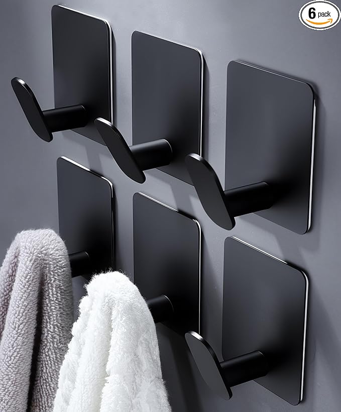 DELITON Black Towel Hook 6 Pack, Stainless Steel Stick on Wall Hooks for Hanging Coat Robe Hat, Self Adhesive Hooks, Heavy Duty, No Damage