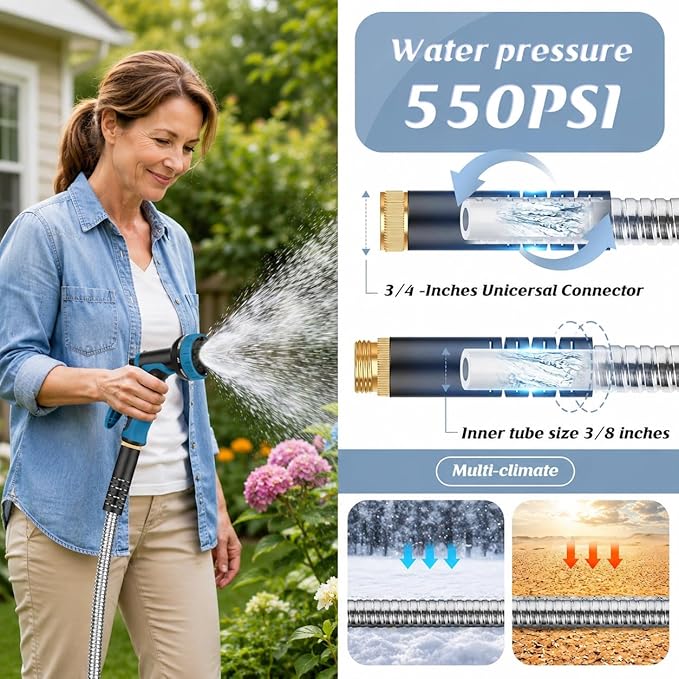 Garden Hose 100ft, Metal Water Hose, Kink-Free, Flexible Stainless Steel Hose, Heavy Duty Abrasion Resistant Leakproof Hose with 10-Function Spray Nozzle for Yard, Lawn, Outdoor, Marine and Camper