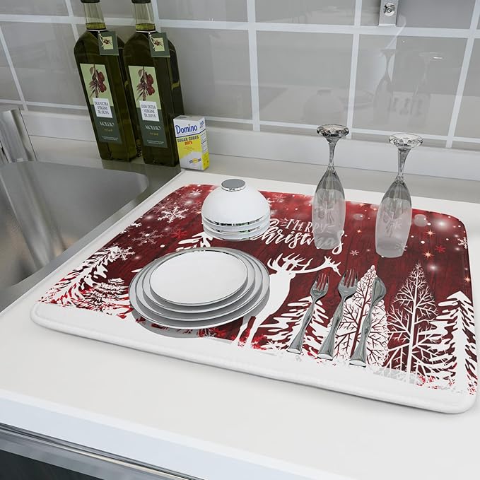 Christmas Dish Drying Mats for Kitchen Counter 16x18 Inch Merry Christmas Happy New Year Snowflake Microfiber Drying Mat Kitchen Accessories Fast Dry Dishes Pad Dish Rack Drainer Mat for Coffee Bar