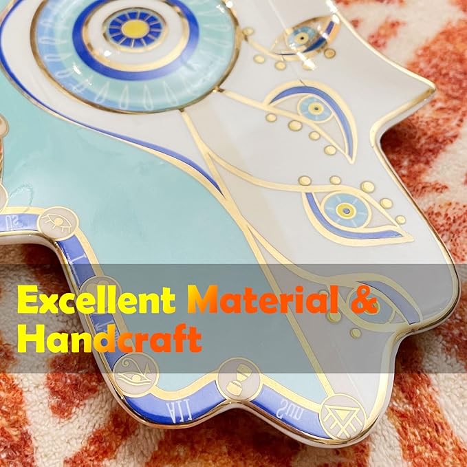 Exquisite Small Ceramic Jewelry Tray - Trinket Dish Evil Eye Decor, Gold Plate Ring Holder, Modern Boho Home Essentials, Perfume Organizer, Witchy, Aesthetic Room Decor (Blue Hamsa)