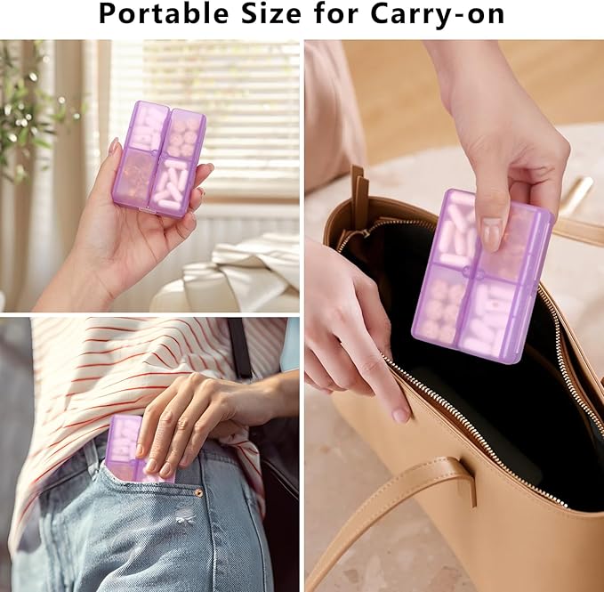 FYY Daily Pill Organizer, 7 Compartments Portable Pill Case Travel Pill Organizer,[Folding Design] Pill Box for Purse Pocket to Hold Vitamins,Cod Liver Oil,Supplements and Medication-Clear Purple