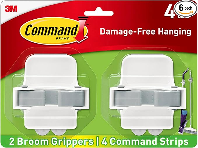 Command Broom and Mop Grippers,2 Hangers and 4 Strips,Damage-Free Hanging Wall Mount-and Mop Holder,Household Cleaning Organizer for Christmas Decorations,Holds up to 4 lb,Plastic,(Pack of 6)