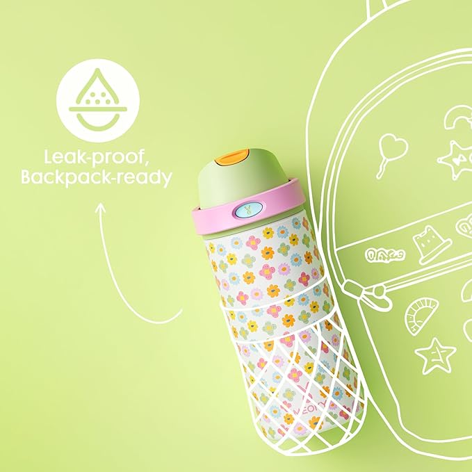 18 oz Kids Water Bottle for School: Meoky 18 oz Stainless Steel Insulated Water Bottle with 2-in-1 Straw and Spout Lid - Leak Proof, Fits in Car Cup Holder, BPA-Free for Teen Girls, Rainbow Blooms