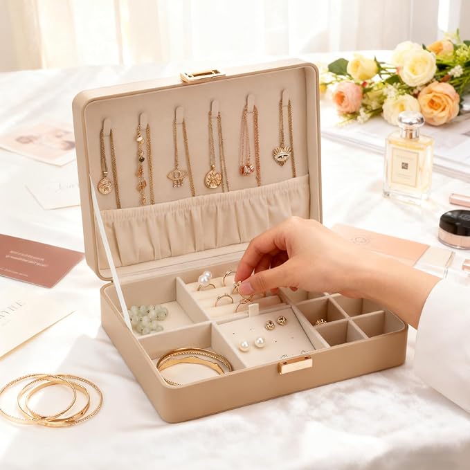 Leather Jewelry Box Elegant Small Jewelry Chest for Women Gift Box for Necklace, Ring, Earring Storage Portable Design for Travel & Home Use Apricot