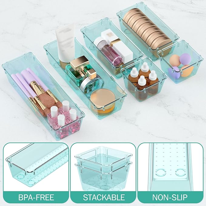 WOWBOX 9 Pack Clear Drawer Organizer Set, Acrylic Drawer Storage Trays, Storage Bins for Makeup, Cosmetics, Jewelries, Utensils, Gadgets, Office, Sea Blue
