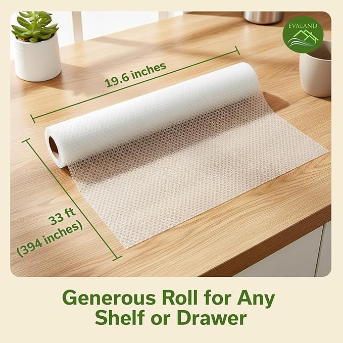 EVALAND Shelf Liners for Kitchen Cabinets Non-Adhesive 19.6" x 33 FT Clear Drawer Liner Non Slip, Washable Cabinet Liner, Waterproof Shelf Liners for Cabinets, Refrigerator Bathroom Pantry Cabinet Mat