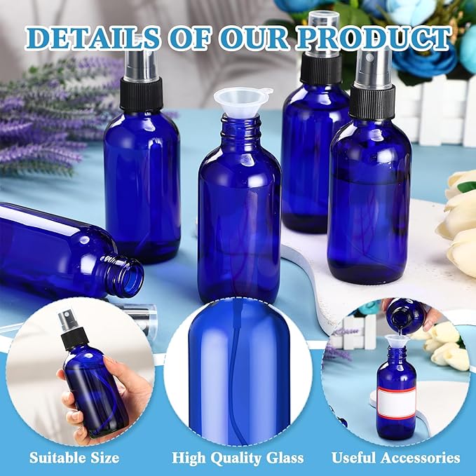 Fumete 2 Pack Glass Bottles 4oz Empty Refillable Liquid Containers with 1 Label 1 Funnel for Essential Oils Hair Travel Plants Cleaning Skin Care(Blue, Black Top,Mist Bottle)